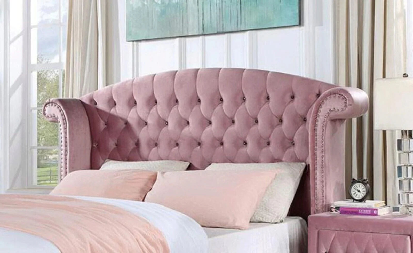Glam Pink Upholstered Tufted Velvet Like Fabric 4pc Full Size Bed Set Dresser Mirror Nightstand Bedroom - Product image 5
