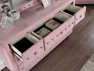 Glam Pink Upholstered Tufted Velvet Like Fabric 4pc Full Size Bed Set Dresser Mirror Nightstand Bedroom - Product image 7
