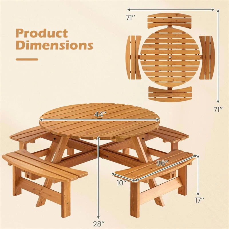 8-Person Round Wood Picnic Table Set with 4 Built-in Benches & 2" Umbrella Hole, Holds 2420 LBS - Product image 16