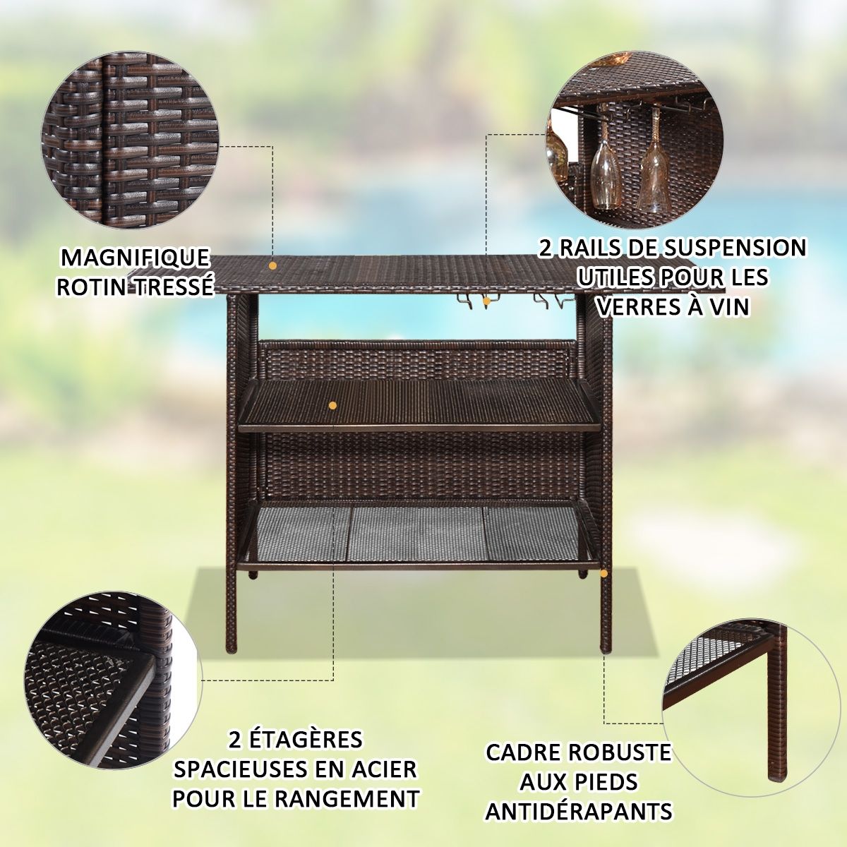 Garden Bar Table in Woven Resin with 2 Storage Shelves and 2 Rails for Brown Glass Holders -