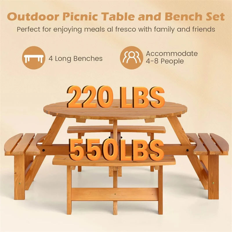 8-Person Round Wood Picnic Table Set with 4 Built-in Benches & 2" Umbrella Hole, Holds 2420 LBS - Product image 19