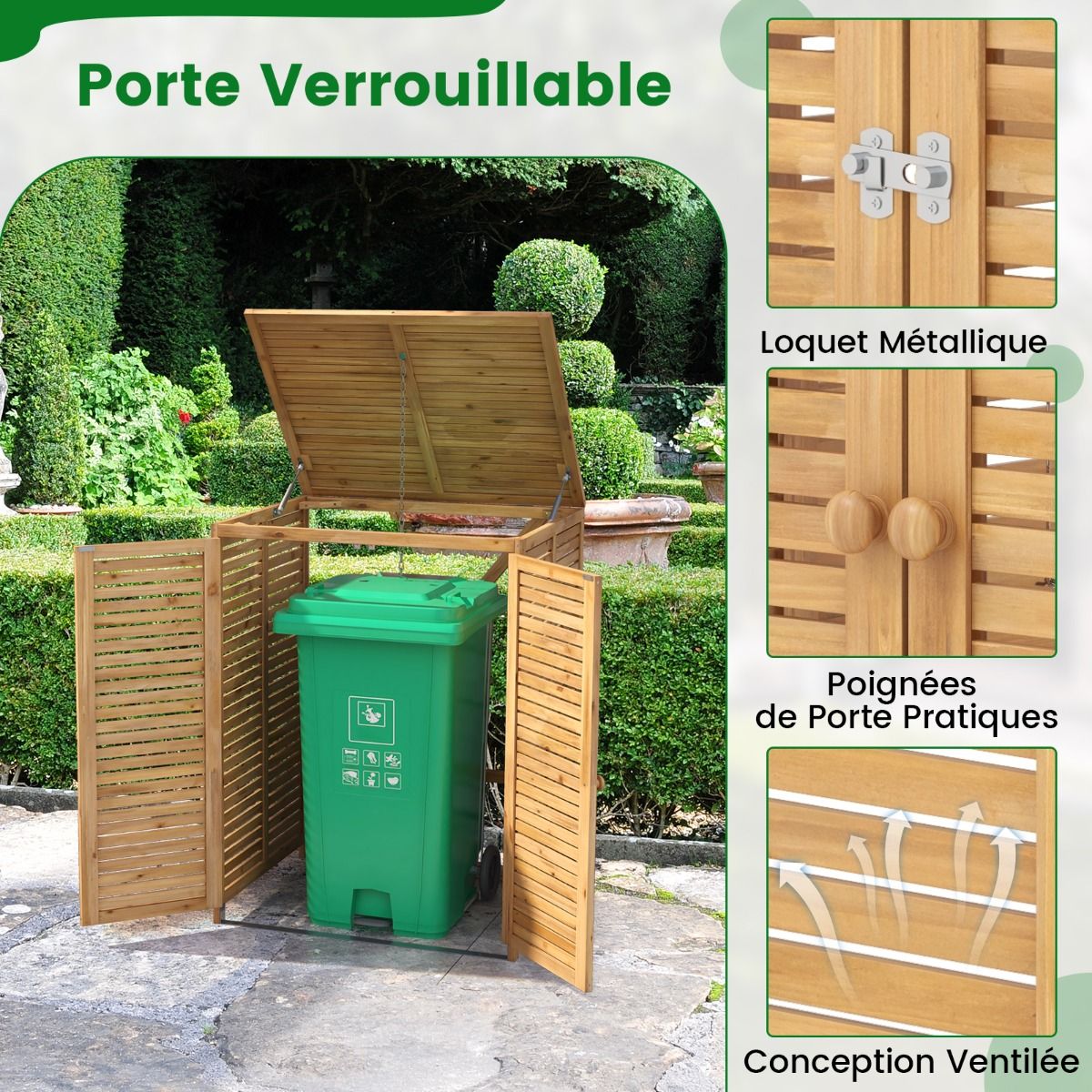 120L Wooden Trash Can Shed Outdoor Tool Shed with Openable Lid Double Doors Natural Locking Latch -