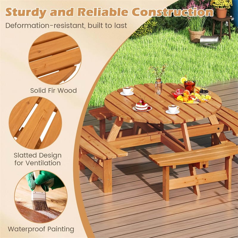 8-Person Round Wood Picnic Table Set with 4 Built-in Benches & 2" Umbrella Hole, Holds 2420 LBS - Product image 18