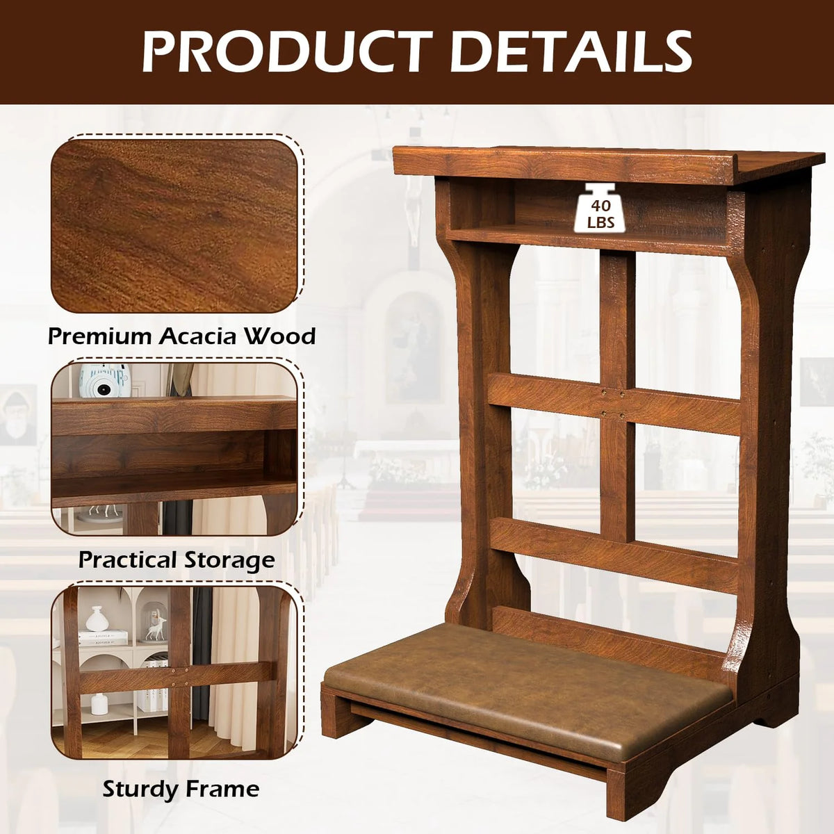 AECOJOY Acacia Wood Prayer Kneeler Bench with Storage Shelf & Soft Cushion - Product image 5