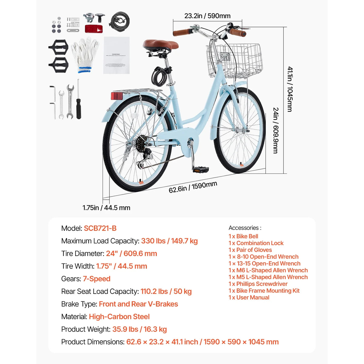 KFFKFF 24" Cruiser Bike, 7 - Speed, Sky Blue Coastal Cycle with Spacious Basket and Back Stand - Product image 3