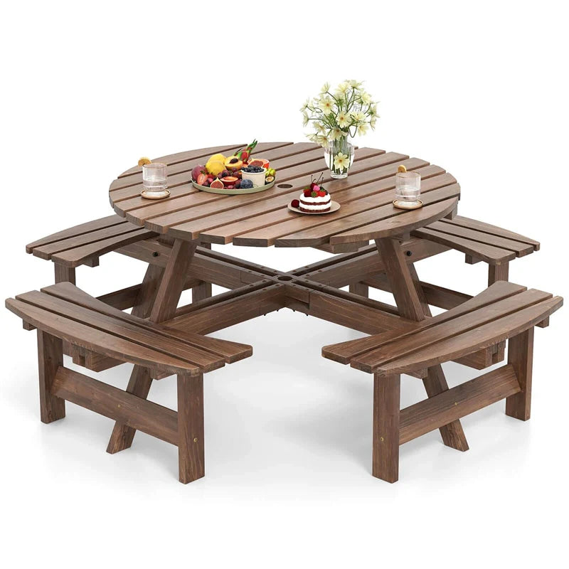 8-Person Round Wood Picnic Table Set with 4 Built-in Benches & 2" Umbrella Hole, Holds 2420 LBS - Product image 1