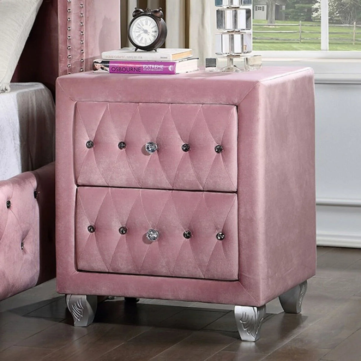 Glam Pink Upholstered Tufted Velvet Like Fabric 4pc Full Size Bed Set Dresser Mirror Nightstand Bedroom - Product image 3