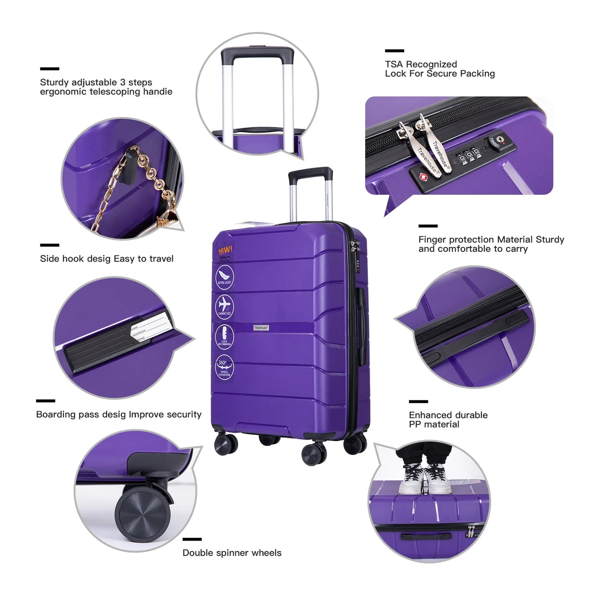 Travelhouse 3 Piece Luggage Set Hardshell Lightweight Suitcase with TSA Lock Spinner Wheels.(Purple) - Product image 6