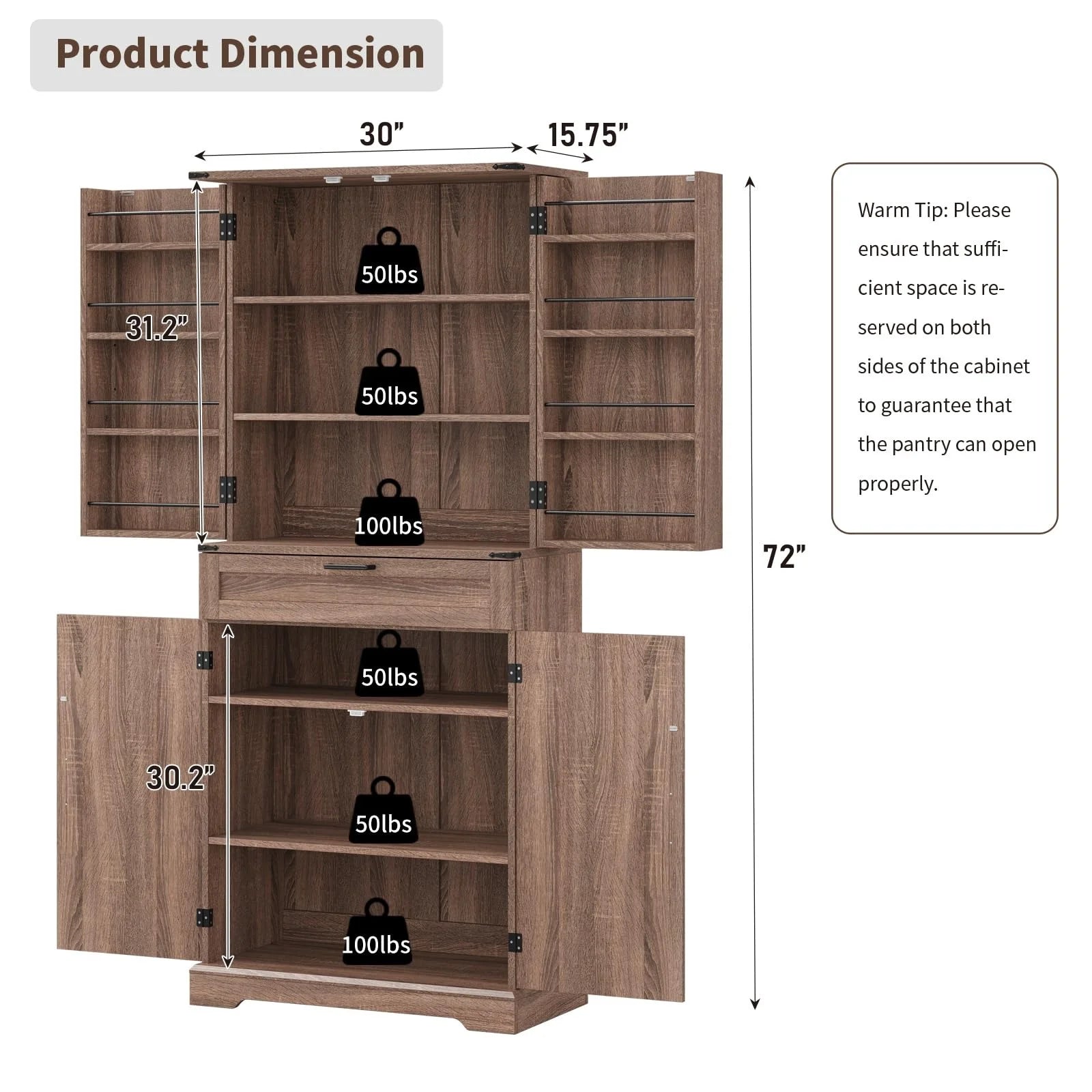 FUSOU 72'' Kitchen Storage Pantry Cabinet, Tall Storage Cabinet with 8 Door Shelves - Product image 27