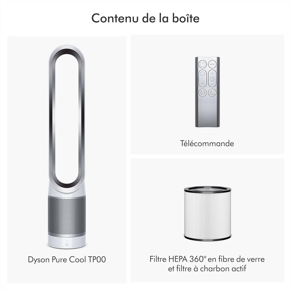 Dyson Pure Cool TP00 – Bladeless tower fan purifier, 10 speeds, 434L/s, 360° HEPA filter, captures 99.95% particles, White/Silver