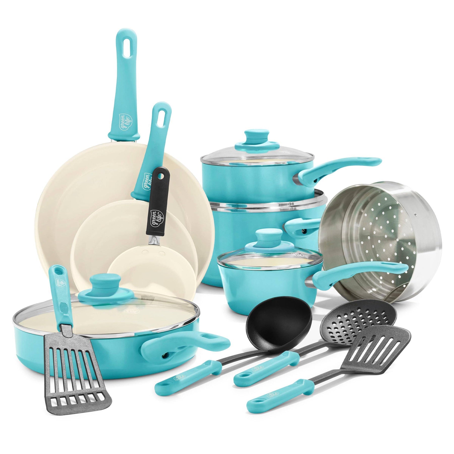 GreenLife Soft Grip Healthy Ceramic Nonstick, 16 Piece Cookware Pots and Pans Set, PFAS-Free - Product image 1