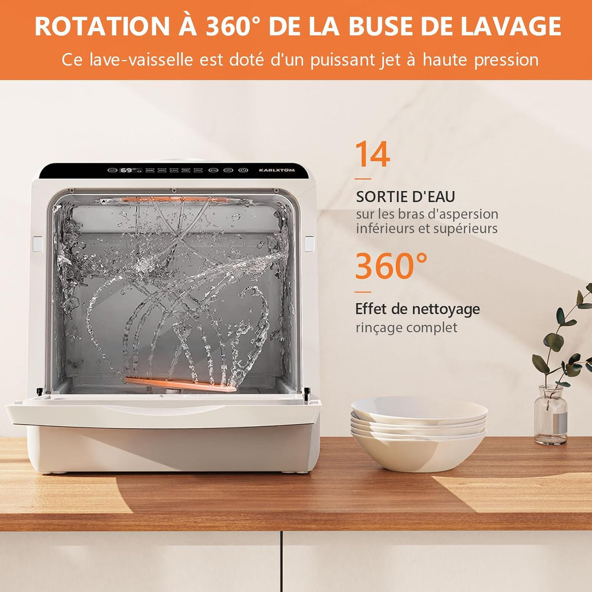 Karlxtom Tabletop Dishwasher, Mini Dishwasher with LED Touch Control, 45CM, 6 Programs, Fruit Washing, Baby Care