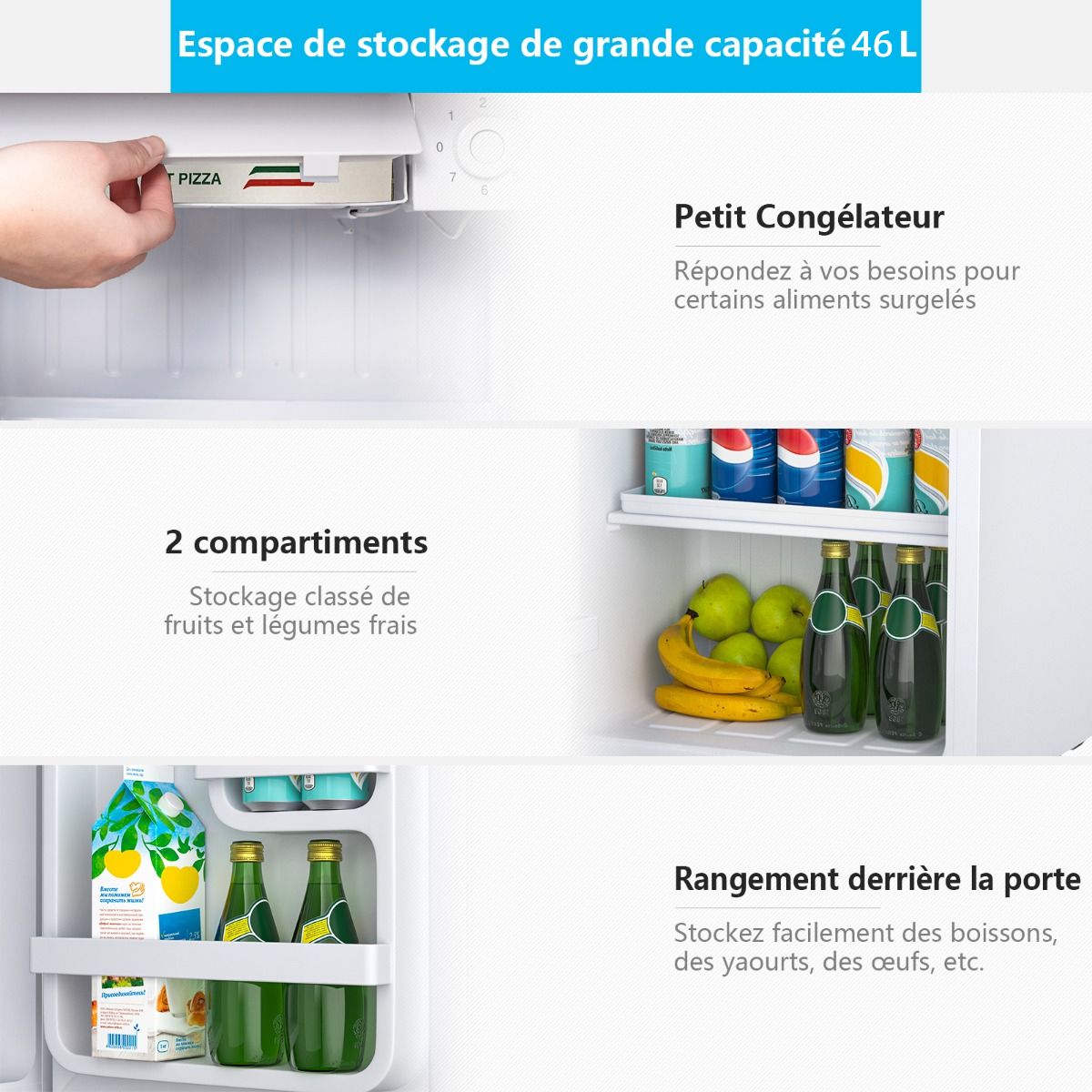 48L Mini Fridge, 2 levels and bottle holder, vegetable drawer, Silent 230V, 46 x 44 x 49 cm, White -