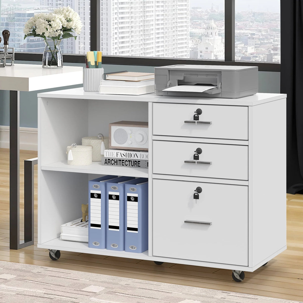 DEXTRUS 3 Drawer Wood Lateral Filing Cabinet with Locks, Printer Stand Storage File Cabinet with Shelves - Product image 1