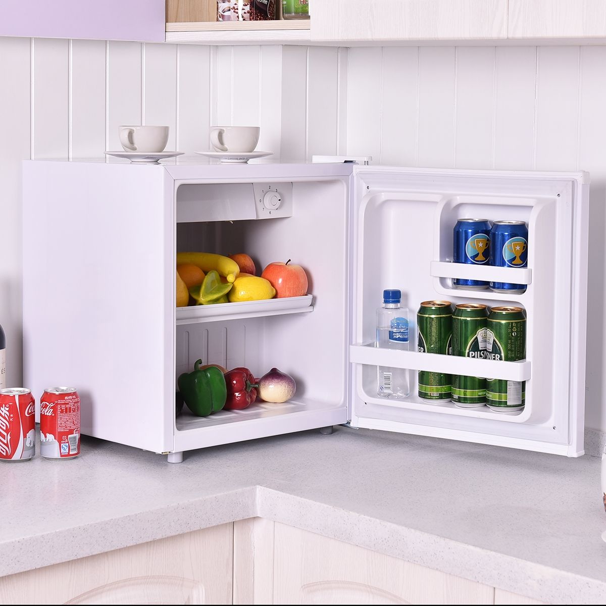 48L Mini Fridge, 2 levels and bottle holder, vegetable drawer, Silent 230V, 46 x 44 x 49 cm, White -