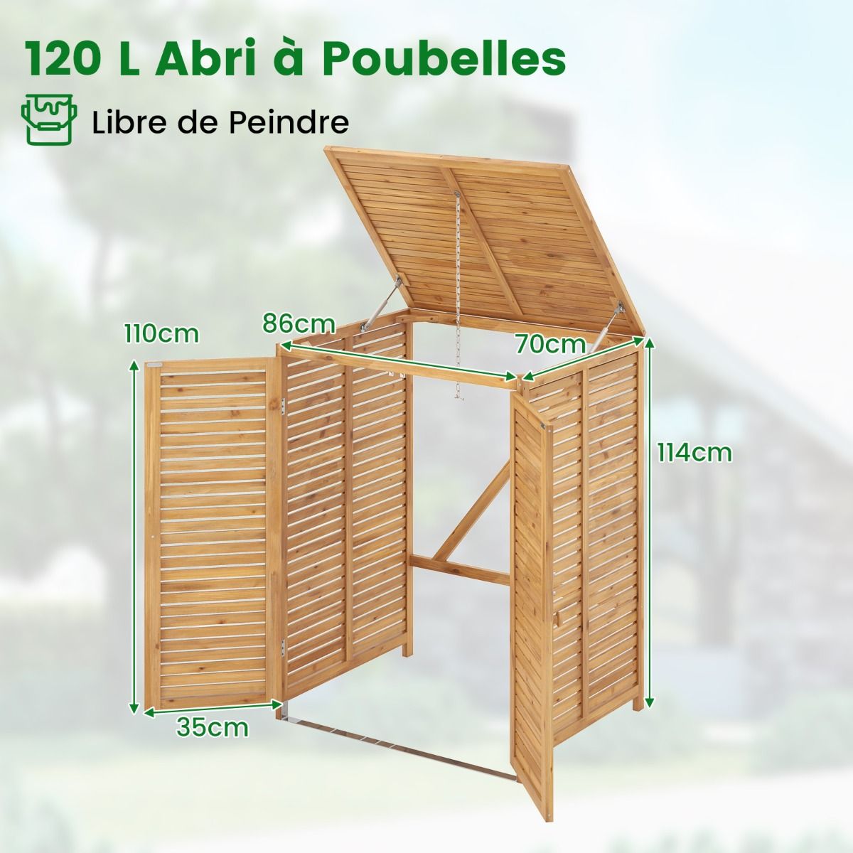 120L Wooden Trash Can Shed Outdoor Tool Shed with Openable Lid Double Doors Natural Locking Latch -