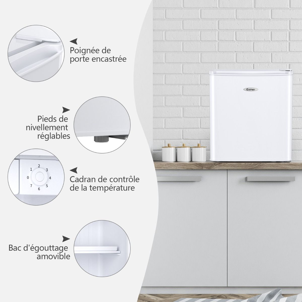 48L Mini Fridge, 2 levels and bottle holder, vegetable drawer, Silent 230V, 46 x 44 x 49 cm, White -