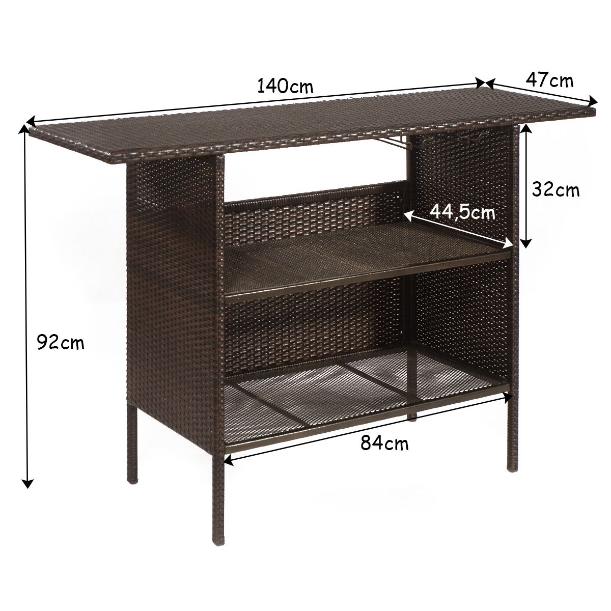 Garden Bar Table in Woven Resin with 2 Storage Shelves and 2 Rails for Brown Glass Holders -
