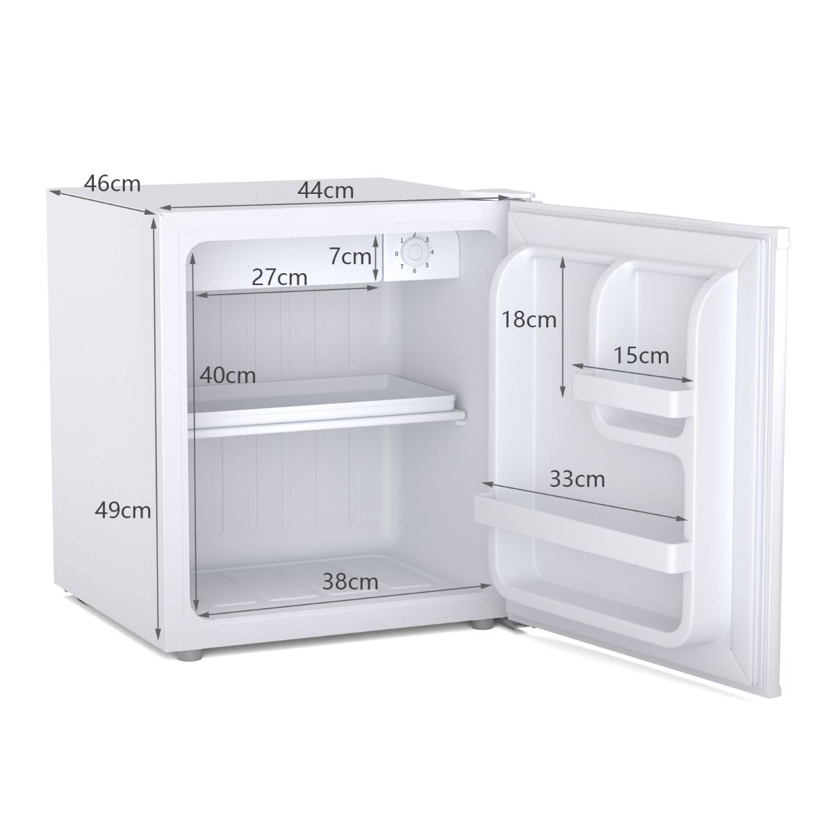 48L Mini Fridge, 2 levels and bottle holder, vegetable drawer, Silent 230V, 46 x 44 x 49 cm, White -