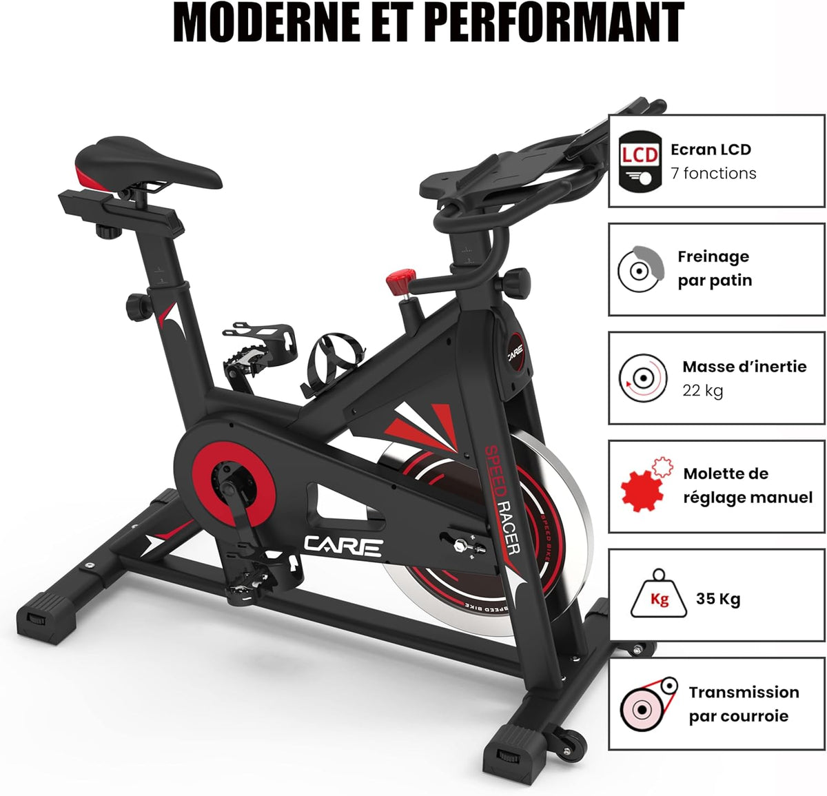 CARE FITNESS - BIKING BIKE - Speed racer - exercise bike with LCD screen-Inertia mass 22kg-Adjustable handlebars and saddle