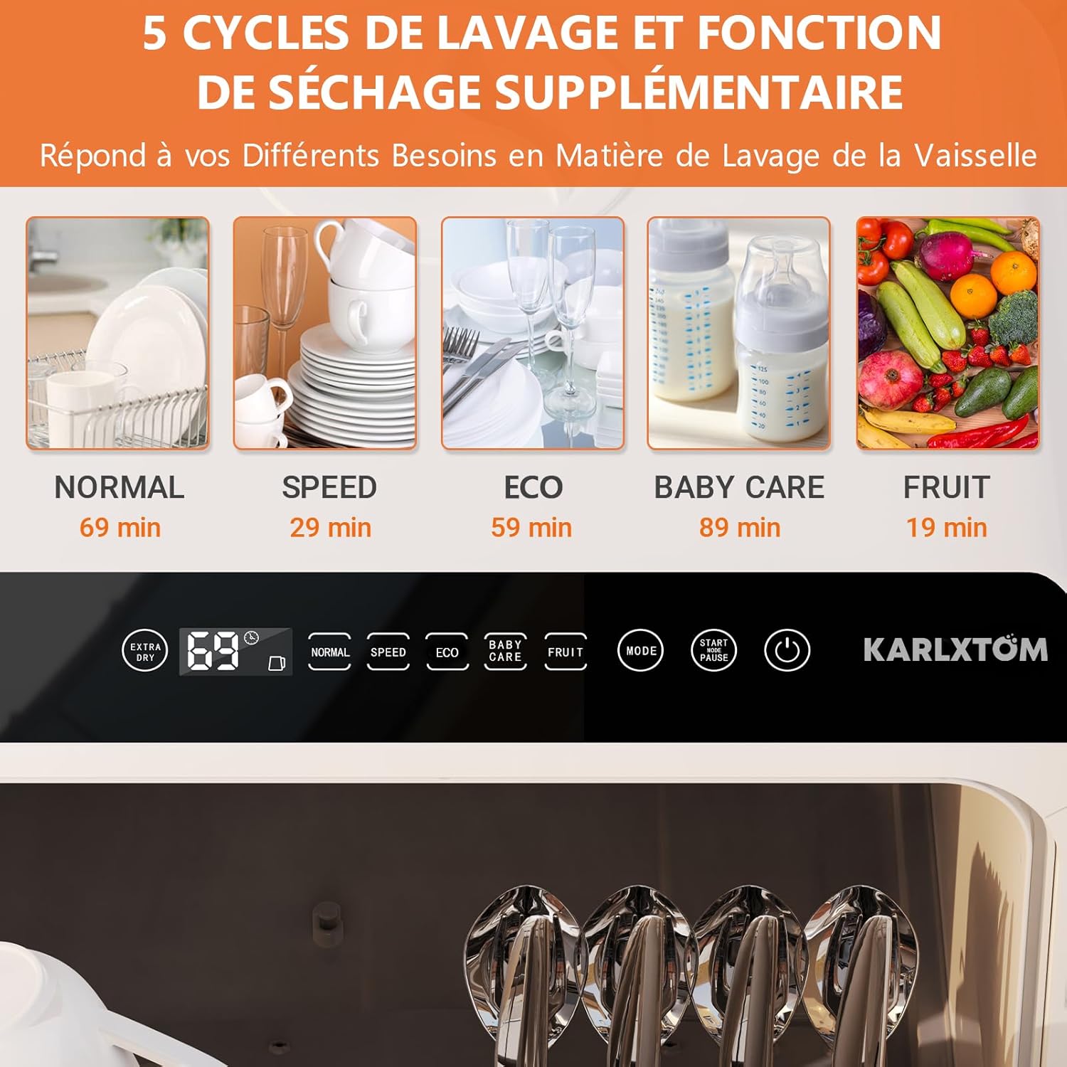 Karlxtom Tabletop Dishwasher, Mini Dishwasher with LED Touch Control, 45CM, 6 Programs, Fruit Washing, Baby Care