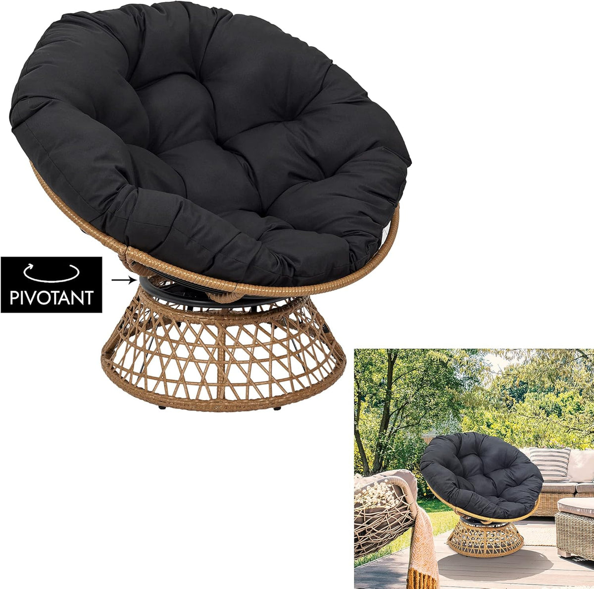 HOME DECO FACTORY, Outdoor Swivel Armchair, Round Relax Chair, 1 Seater 360° Swivel, Thick Comfortable Cushion Included, Garden Furniture for Balcony Terrace Garden Furniture