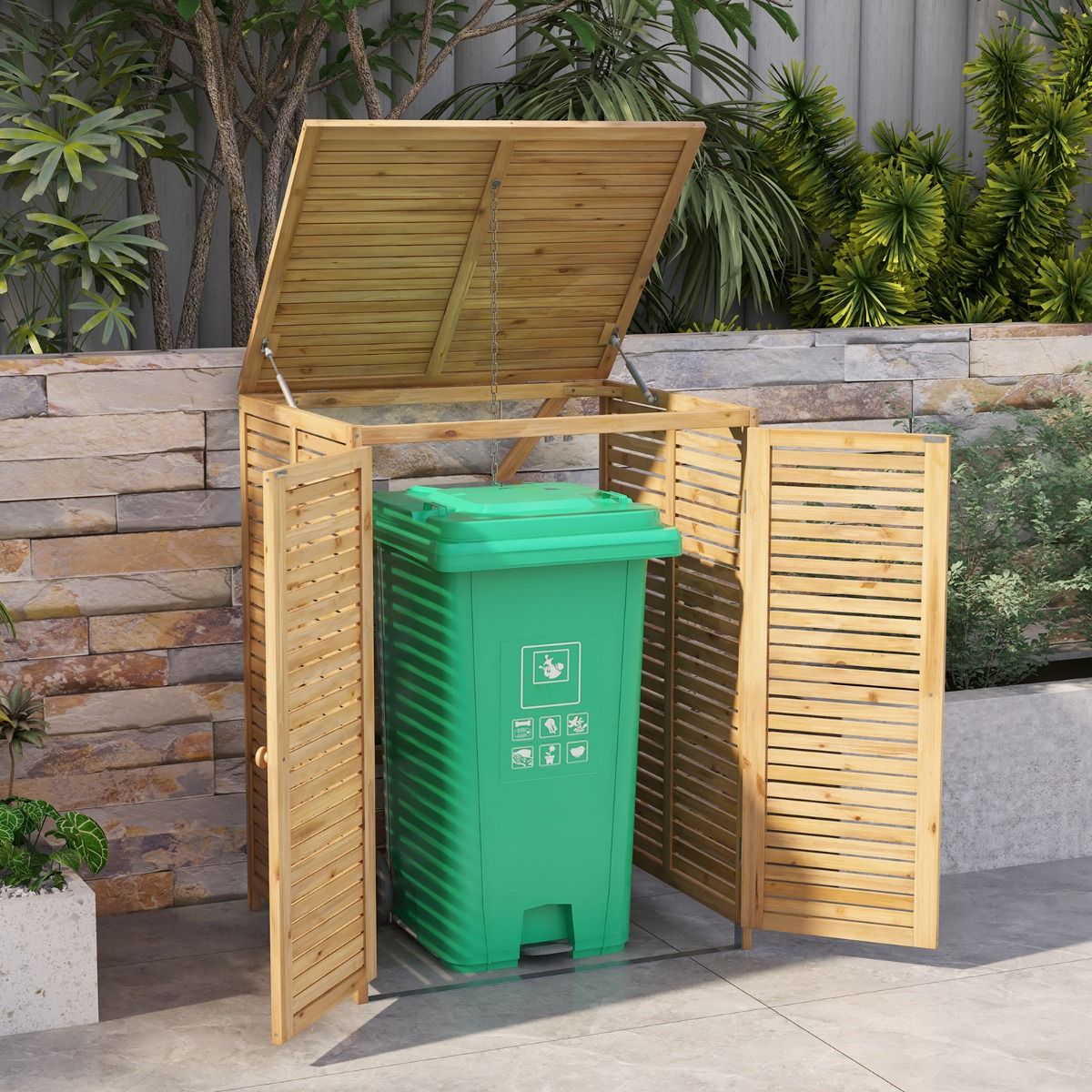 120L Wooden Trash Can Shed Outdoor Tool Shed with Openable Lid Double Doors Natural Locking Latch -