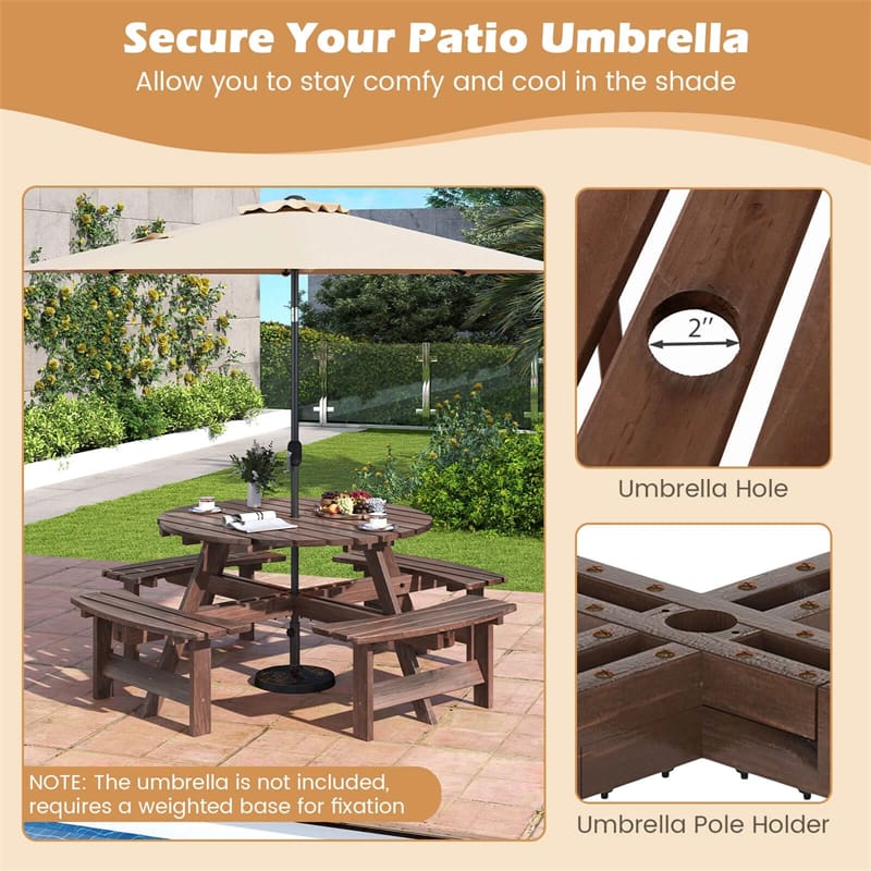 8-Person Round Wood Picnic Table Set with 4 Built-in Benches & 2" Umbrella Hole, Holds 2420 LBS - Product image 5