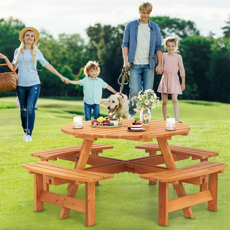 8-Person Round Wood Picnic Table Set with 4 Built-in Benches & 2" Umbrella Hole, Holds 2420 LBS - Product image 22