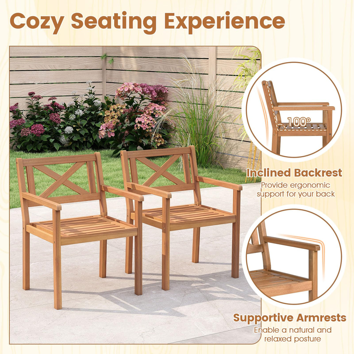 Tangkula Acacia Wood Patio Dining Chairs Set of 2/4 with 400 lbs Capacity - Product image 6
