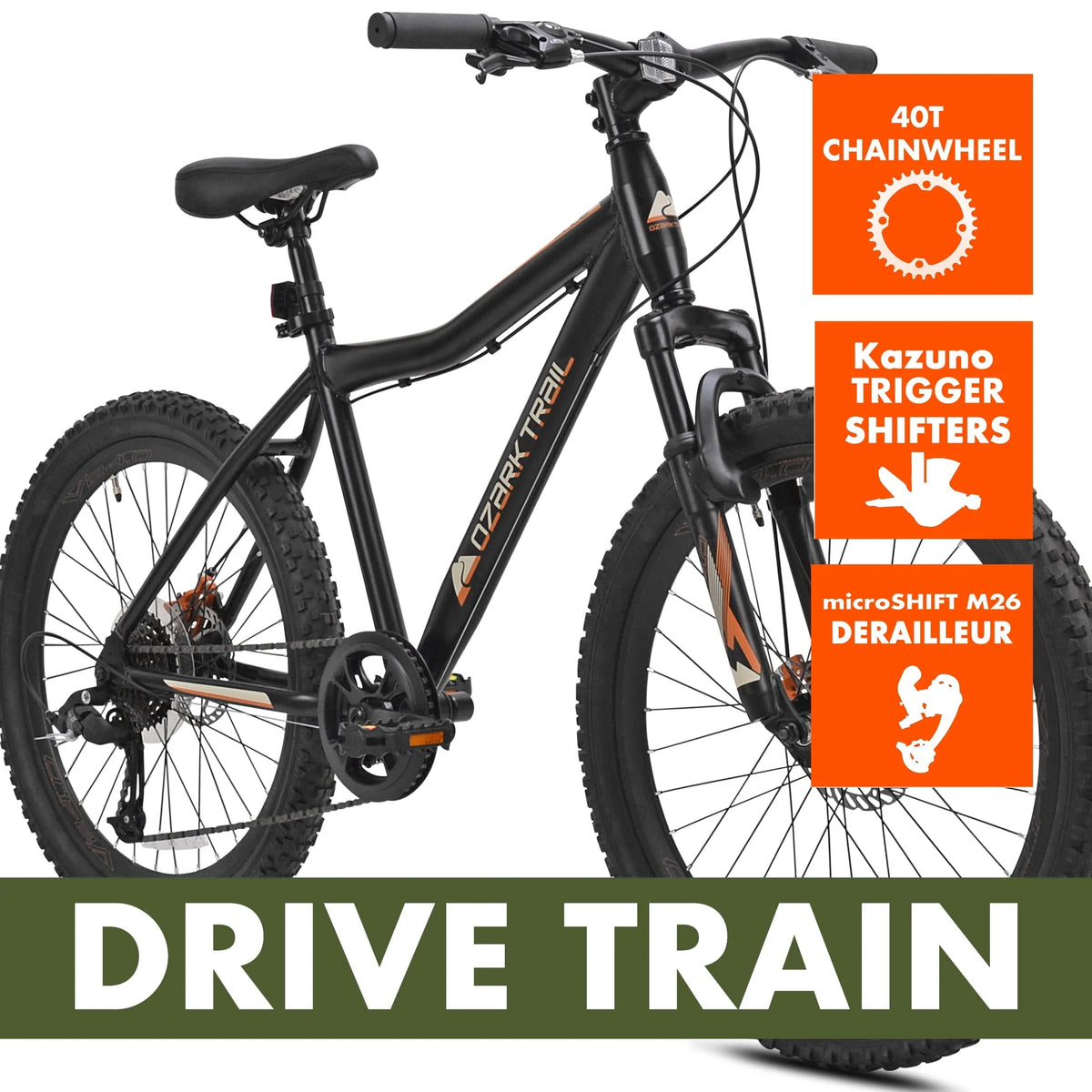 Ozark Trail 24" Glide Mountain Bike, 8 Speed, Black, Teen, Unisex