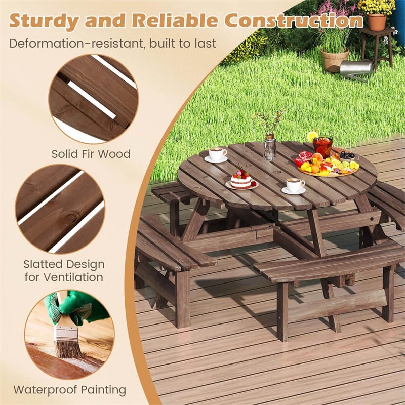 8-Person Round Wood Picnic Table Set with 4 Built-in Benches & 2" Umbrella Hole, Holds 2420 LBS - Product image 6