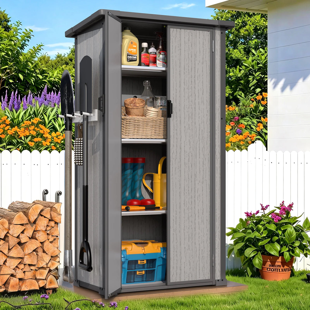 AECOJOY Tall Resin Outdoor Storage Cabinet Waterproof with Adjustable Shelves, Vertical Plastic Storage Shed