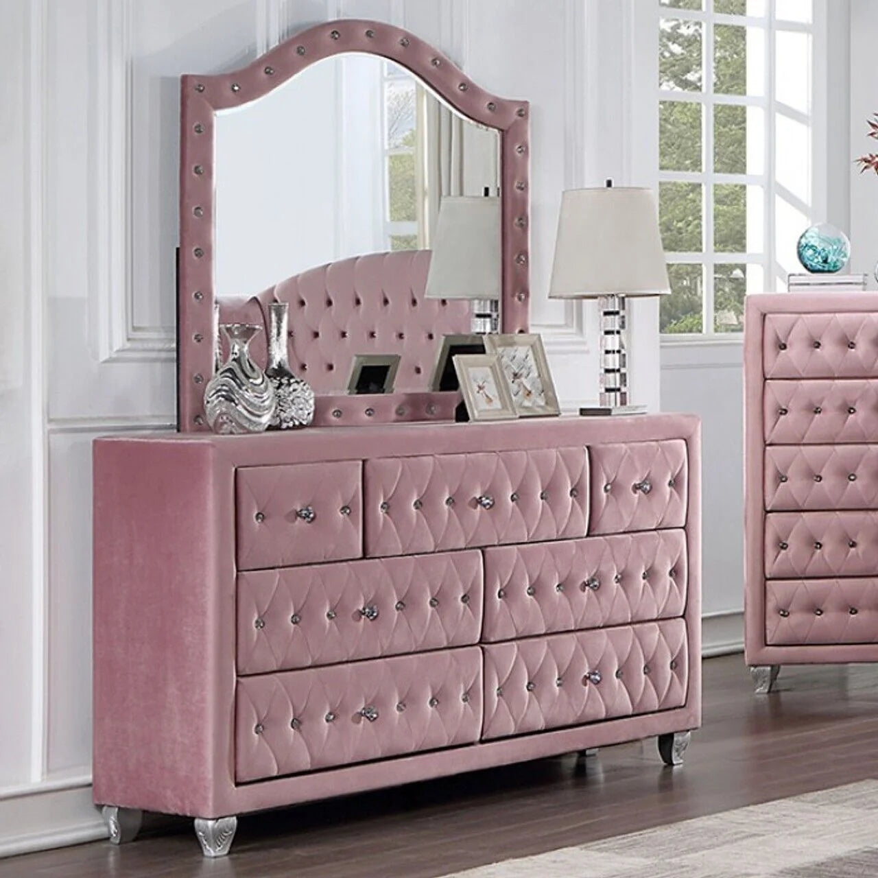 Glam Pink Upholstered Tufted Velvet Like Fabric 4pc Full Size Bed Set Dresser Mirror Nightstand Bedroom - Product image 2