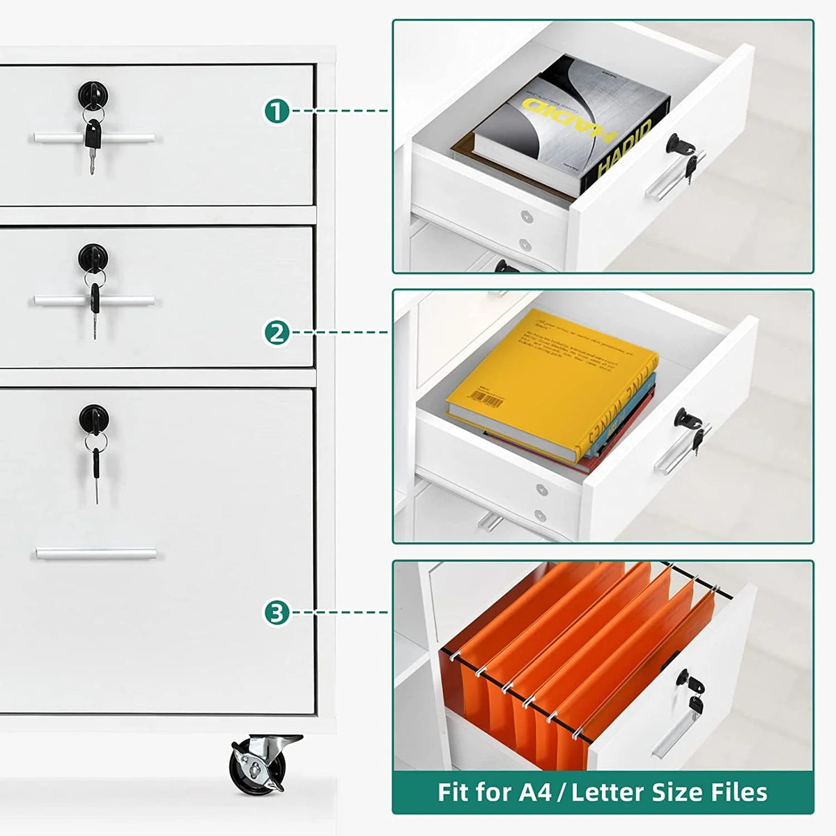 DEXTRUS 3 Drawer Wood Lateral Filing Cabinet with Locks, Printer Stand Storage File Cabinet with Shelves - Product image 17