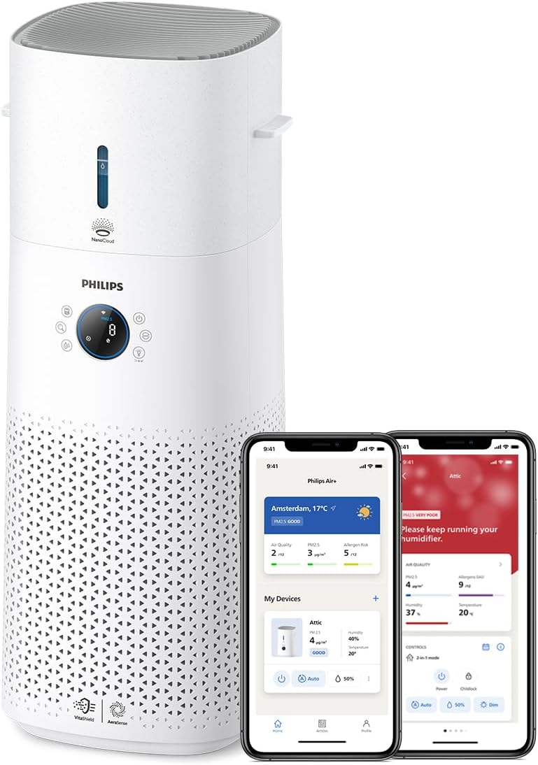Philips 3000 Series 2-in-1 Air Purifier and Humidifier, 131 m2, NanoProtect HEPA and Activated Carbon Filters Remove 99.97% of Invisible Particles, White (AC3737/10)
