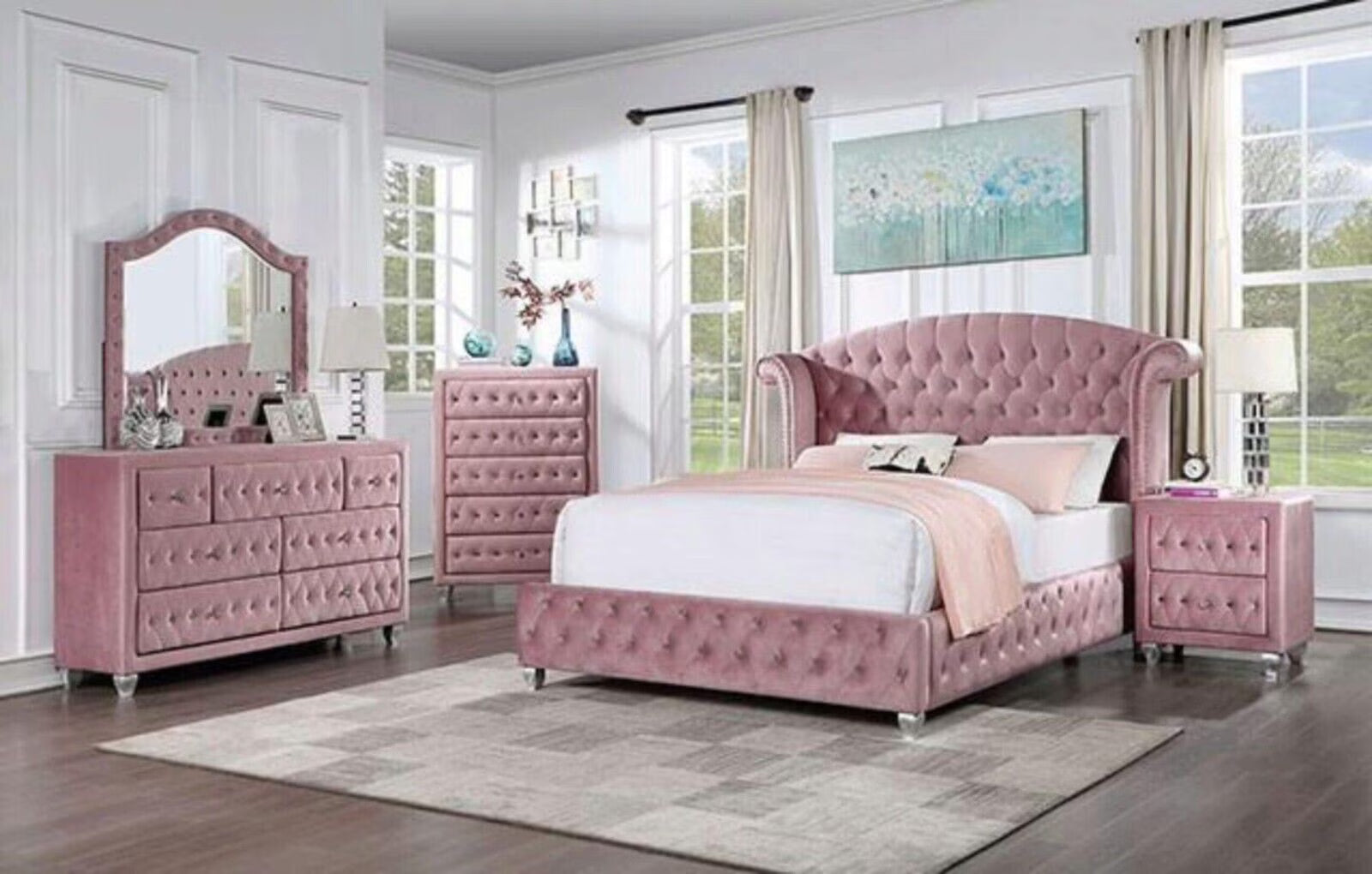 Glam Pink Upholstered Tufted Velvet Like Fabric 4pc Full Size Bed Set Dresser Mirror Nightstand Bedroom - Product image 1