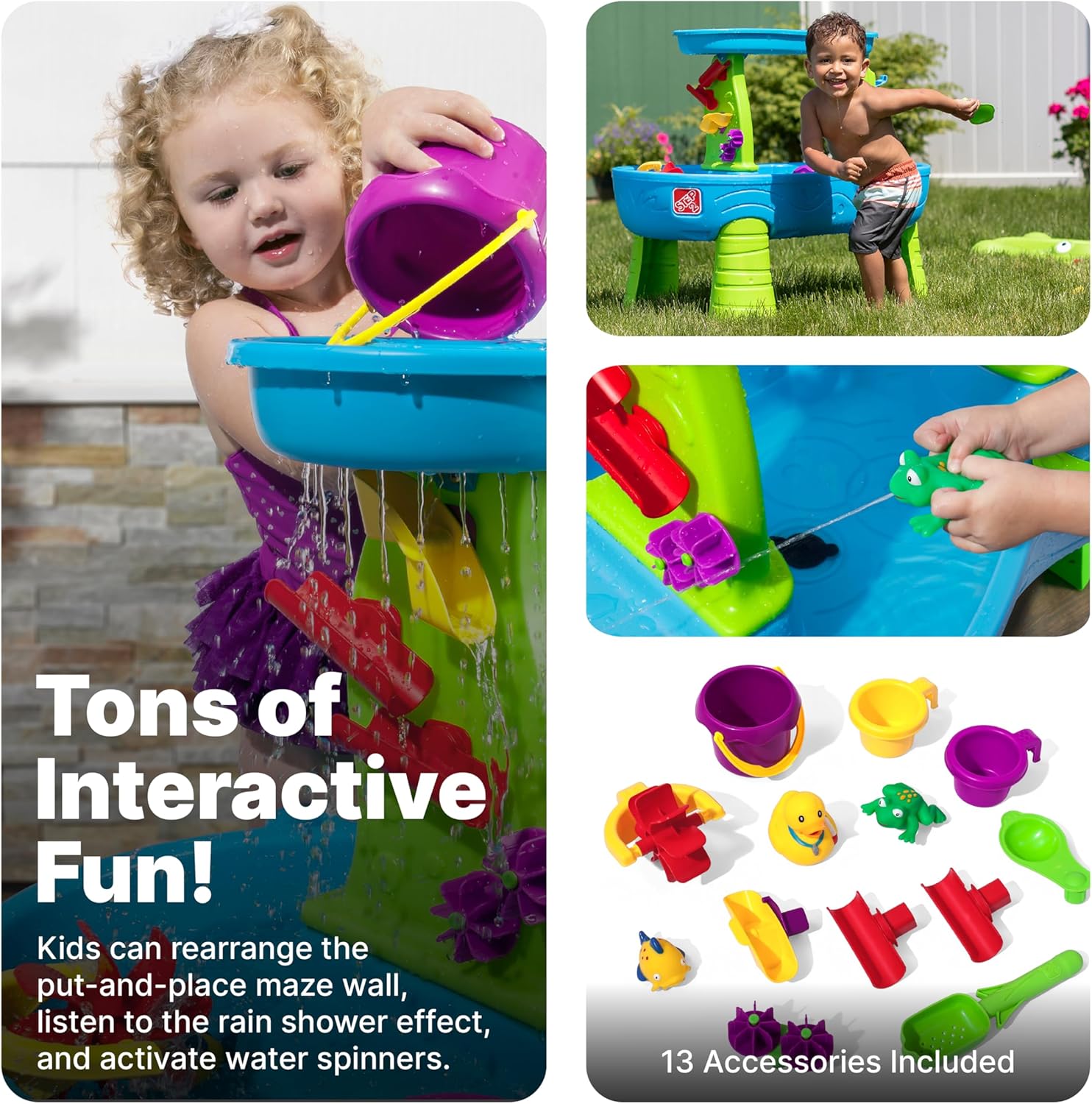 Rain Shower Splash Water Table with 13 Accessories - Blue & Green | Water games table | Activity Table for the Garden, Water Activity Table | Outdoor water table