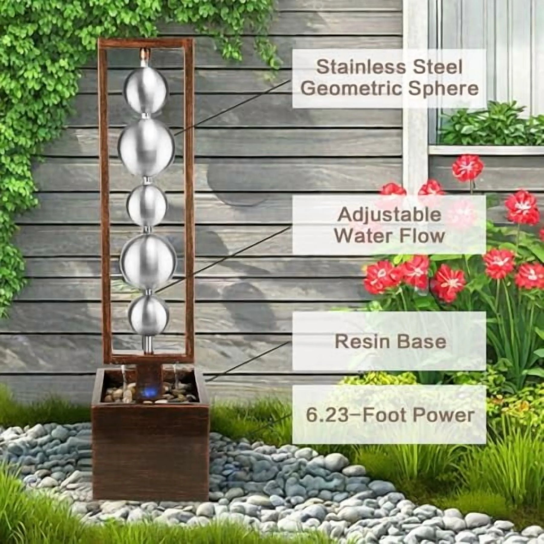 Ferrisland Outdoor Water Fountain with Pump, Relaxing Stainless Steel Geometric Sphere Freestanding - Product image 3