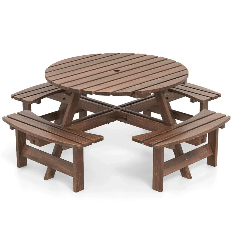 8-Person Round Wood Picnic Table Set with 4 Built-in Benches & 2" Umbrella Hole, Holds 2420 LBS - Product image 2
