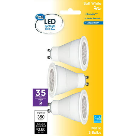 Great Value LED Light Bulb, 5W (35W Equivalent) MR16 Lamp GU10 Base, Dimmable, Soft White, 3-Pack, Size - Product image 1