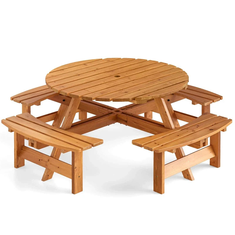 8-Person Round Wood Picnic Table Set with 4 Built-in Benches & 2" Umbrella Hole, Holds 2420 LBS - Product image 13