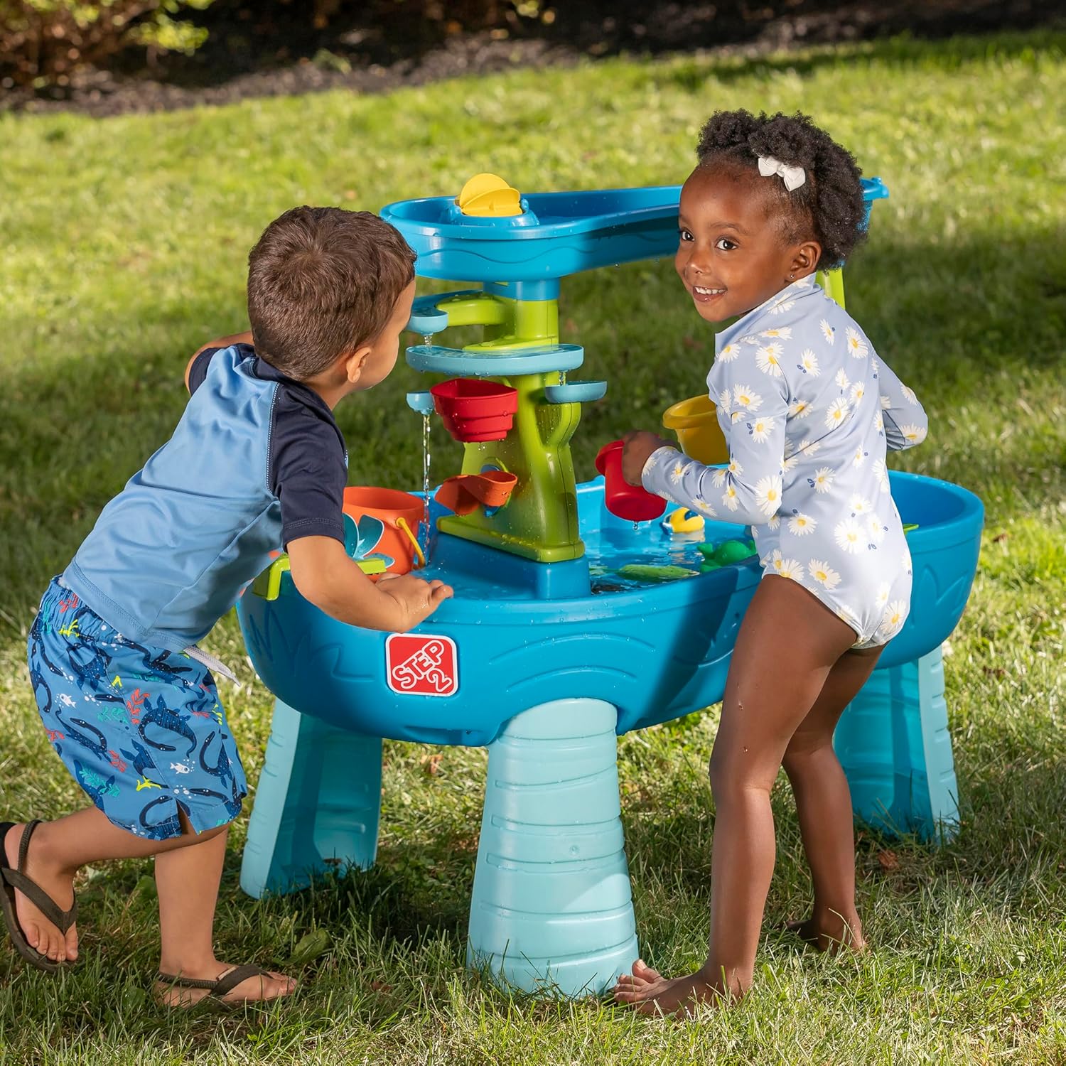 Rain Shower Splash Water Table with 13 Accessories - Blue & Green | Water games table | Activity Table for the Garden, Water Activity Table | Outdoor water table