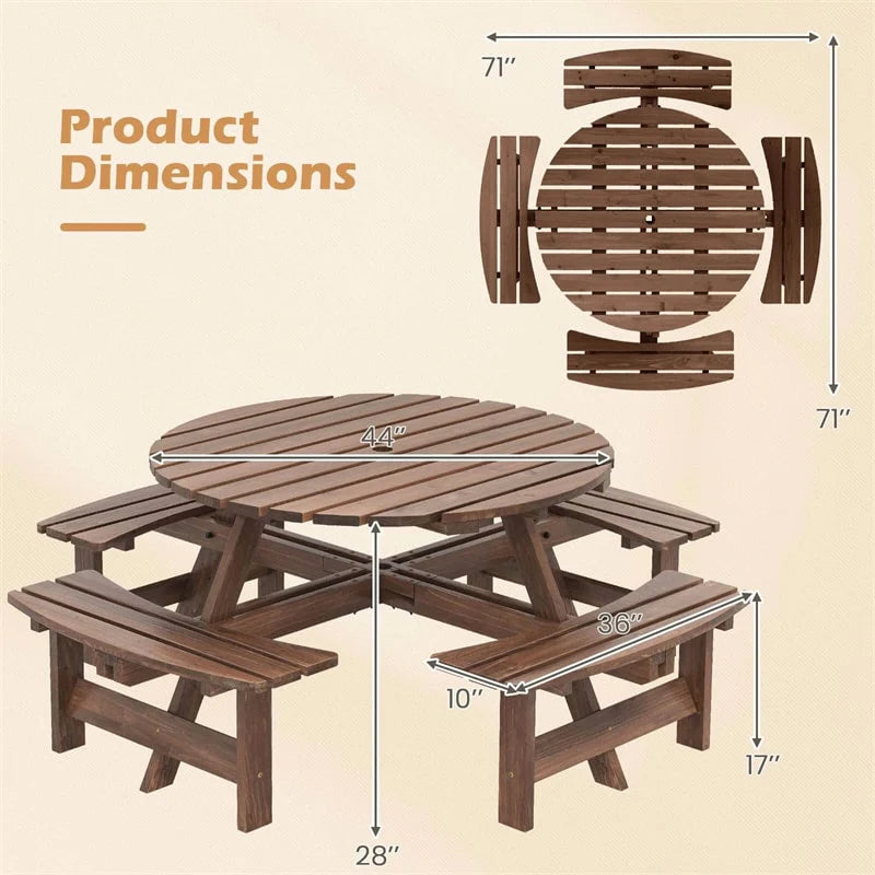 8-Person Round Wood Picnic Table Set with 4 Built-in Benches & 2" Umbrella Hole, Holds 2420 LBS - Product image 4