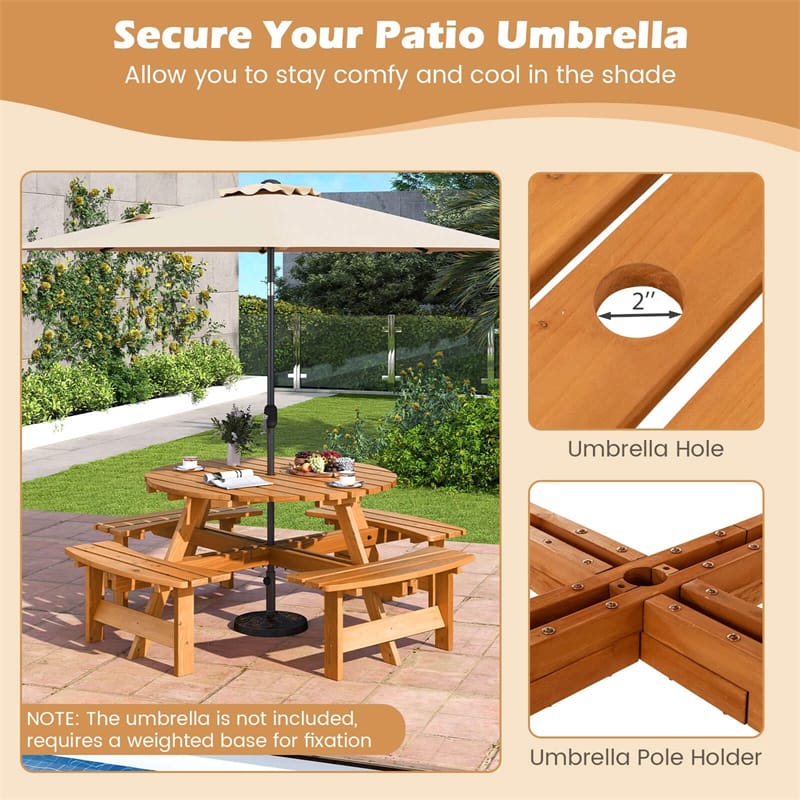 8-Person Round Wood Picnic Table Set with 4 Built-in Benches & 2" Umbrella Hole, Holds 2420 LBS - Product image 17