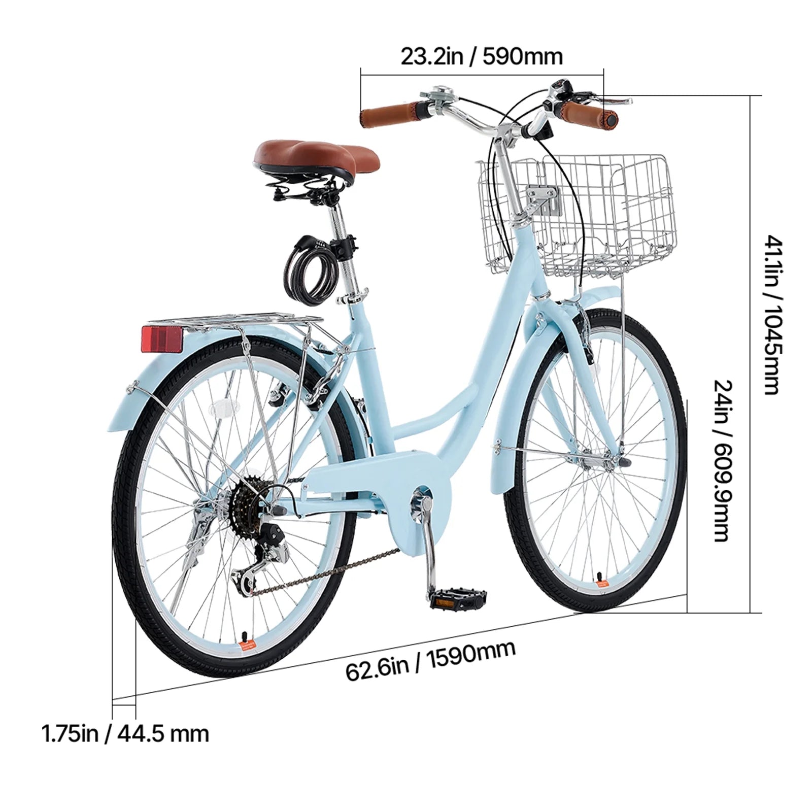KFFKFF 24" Cruiser Bike, 7 - Speed, Sky Blue Coastal Cycle with Spacious Basket and Back Stand - Product image 6