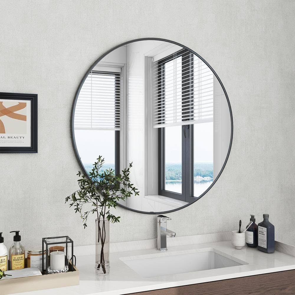 XRAMFY 36 in. W x 36 in. H Round Aluminum Alloy Framed Black Wall Mirror - Product image 1