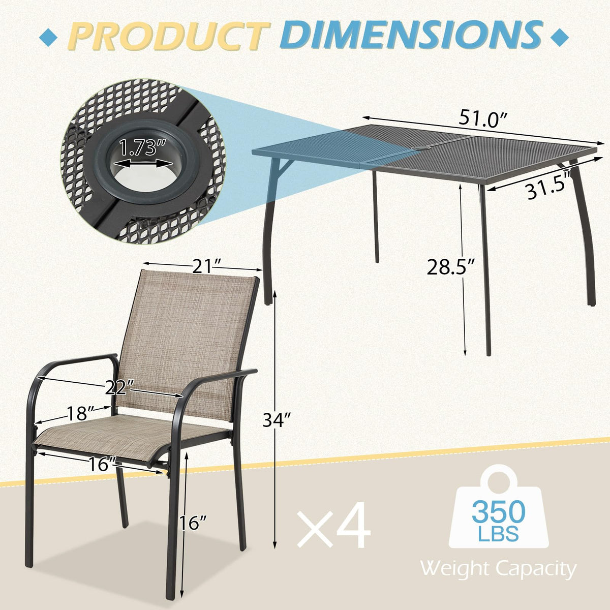 AECOJOY 5 Piece Patio Table and Chair Set for 4, Outdoor Dining Set with Rectangle Table 1.73" Umbrella - Product image 3