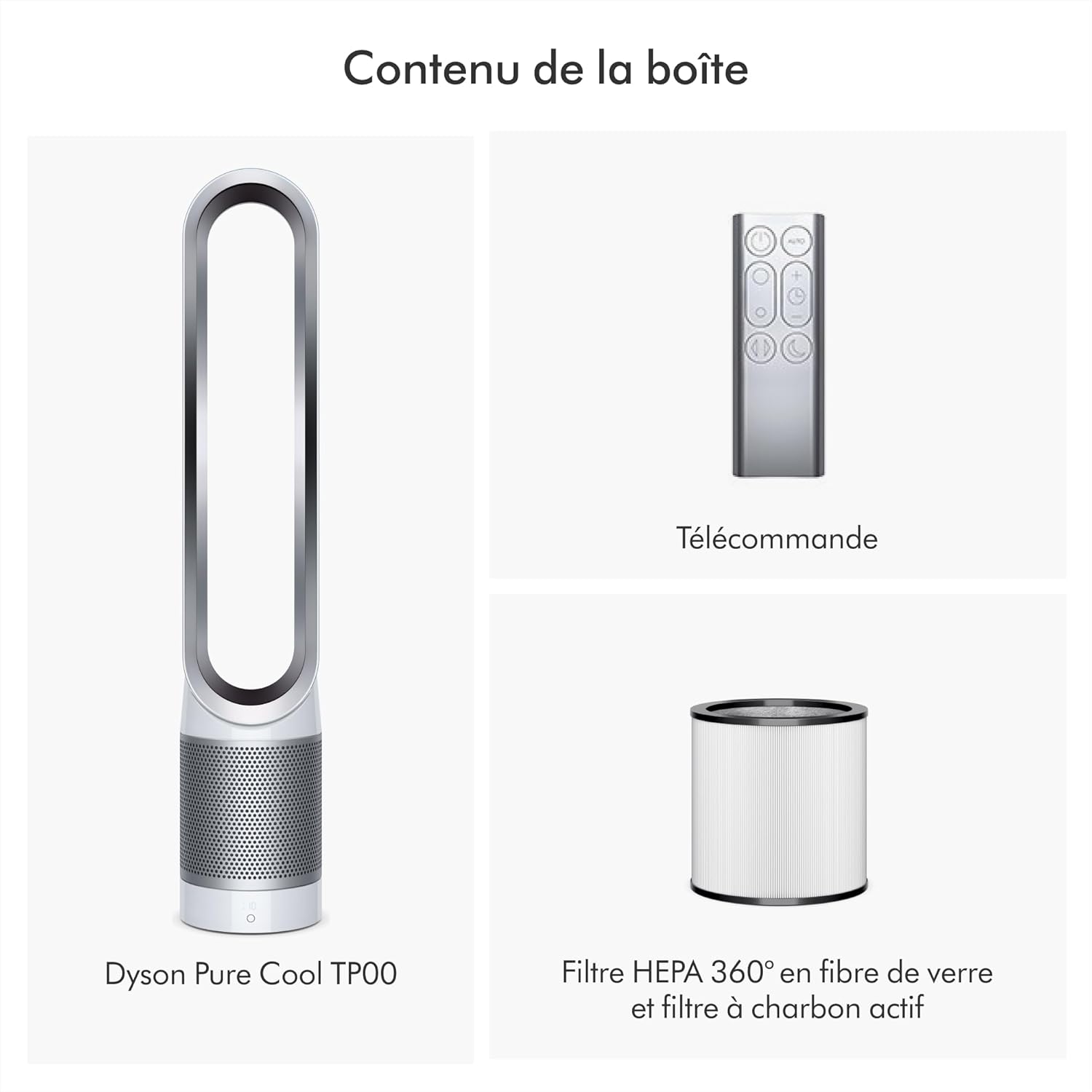 Dyson Pure Cool TP00 – Bladeless tower fan purifier, 10 speeds, 434L/s, 360° HEPA filter, captures 99.95% particles, White/Silver