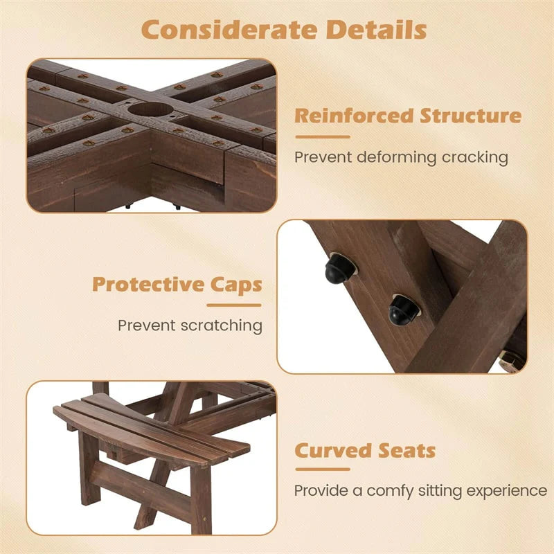 8-Person Round Wood Picnic Table Set with 4 Built-in Benches & 2" Umbrella Hole, Holds 2420 LBS - Product image 8